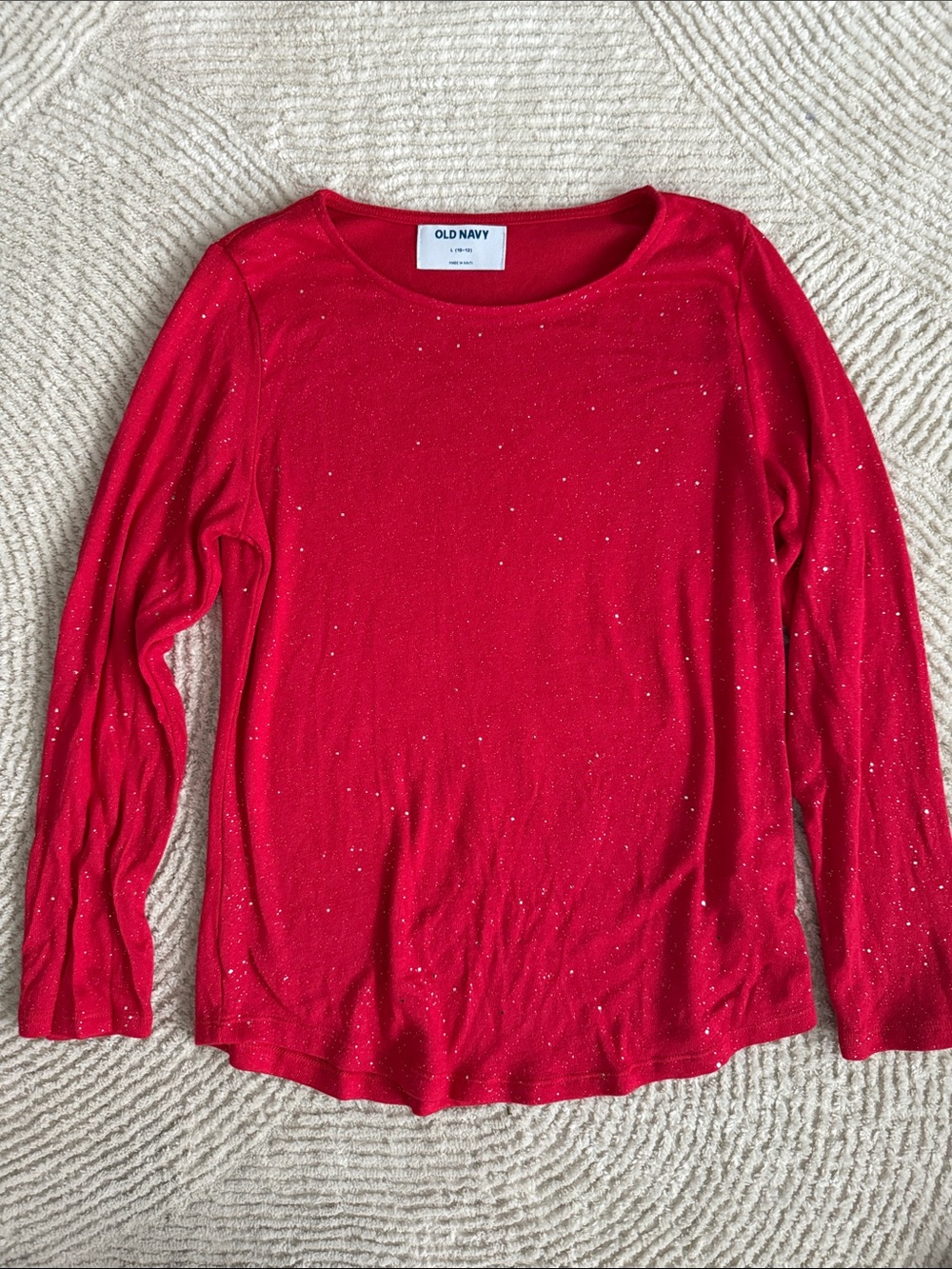 Old Navy Red Long-Sleeve Glitter Crewneck Tee